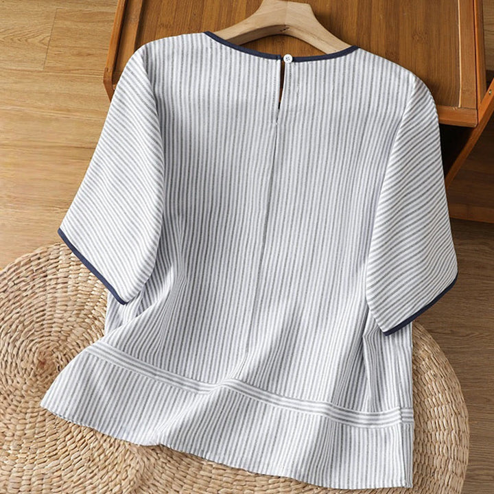 Camisa de algodón de manga corta para mujer con diseño de rayas y cuello redondo de Buddha Stones - image 1