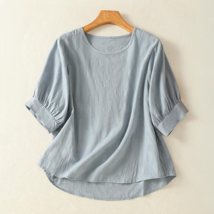 Camisa holgada de algodón de manga corta para mujer con cuello redondo y diseño de Buddha Stones - Azul claro - US8-10，UK/AU12-14，EU40-42 (2XL) - image 0