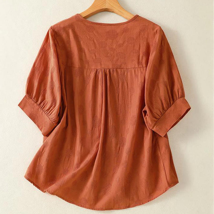 Camisa holgada de algodón de manga corta para mujer con cuello redondo y diseño de Buddha Stones - image 8