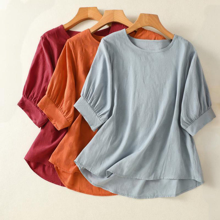Camisa holgada de algodón de manga corta para mujer con cuello redondo y diseño de Buddha Stones - image 20