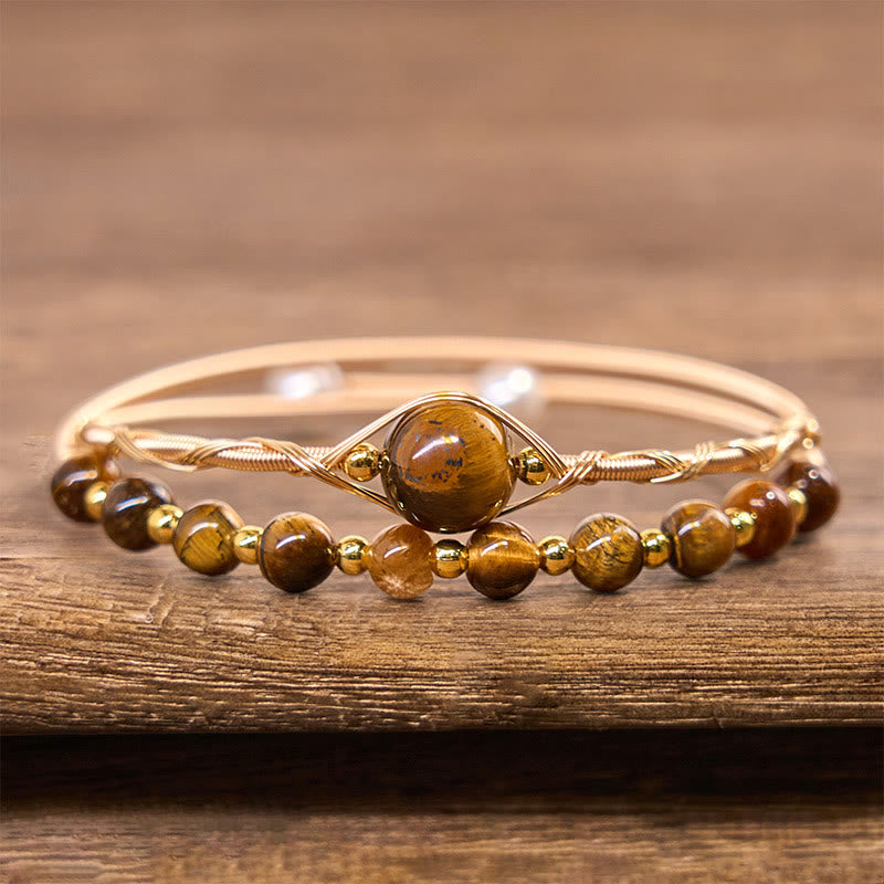 Brazalete de metal con protección de ojo de tigre natural de cobre relleno de oro de 14 quilates con Buddha Stones - image 2