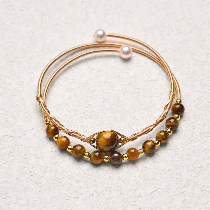 Brazalete de metal con protección de ojo de tigre natural de cobre relleno de oro de 14 quilates con Buddha Stones - image 4