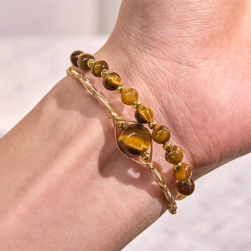 Brazalete de metal con protección de ojo de tigre natural de cobre relleno de oro de 14 quilates con Buddha Stones - image 5