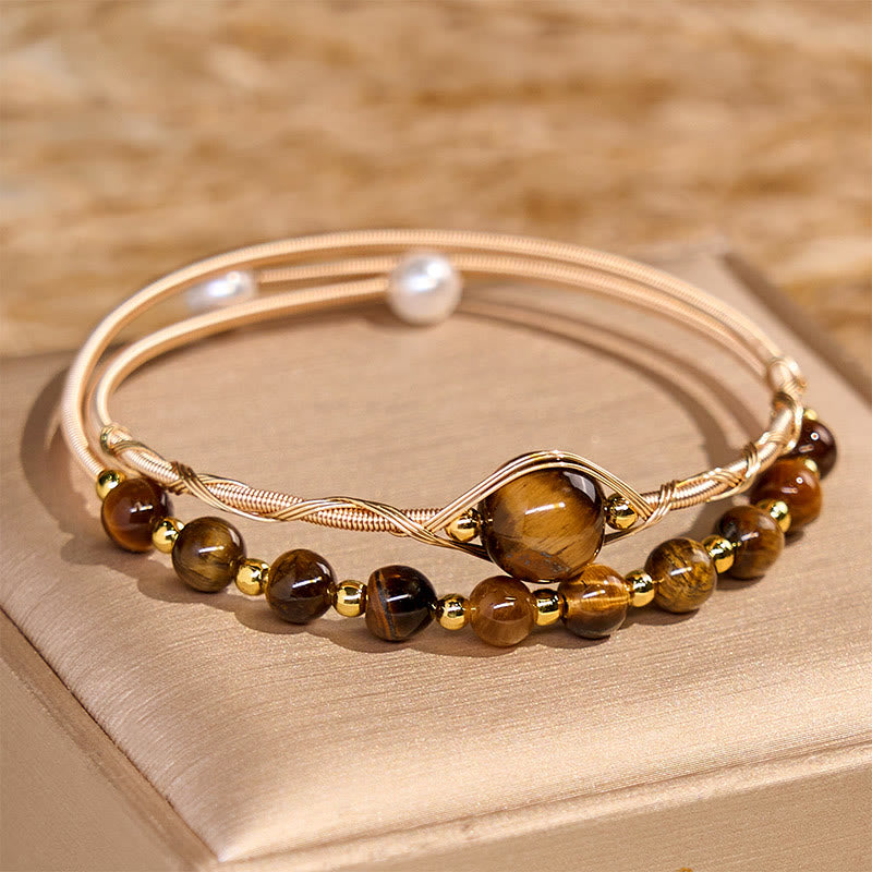 Brazalete de metal con protección de ojo de tigre natural de cobre relleno de oro de 14 quilates con Buddha Stones - Ojo de tigre (circunferencia de la muñeca 14-16 cm) - image 1