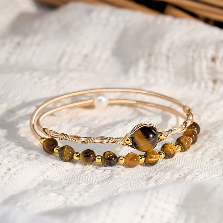 Brazalete de metal con protección de ojo de tigre natural de cobre relleno de oro de 14 quilates con Buddha Stones - image 3