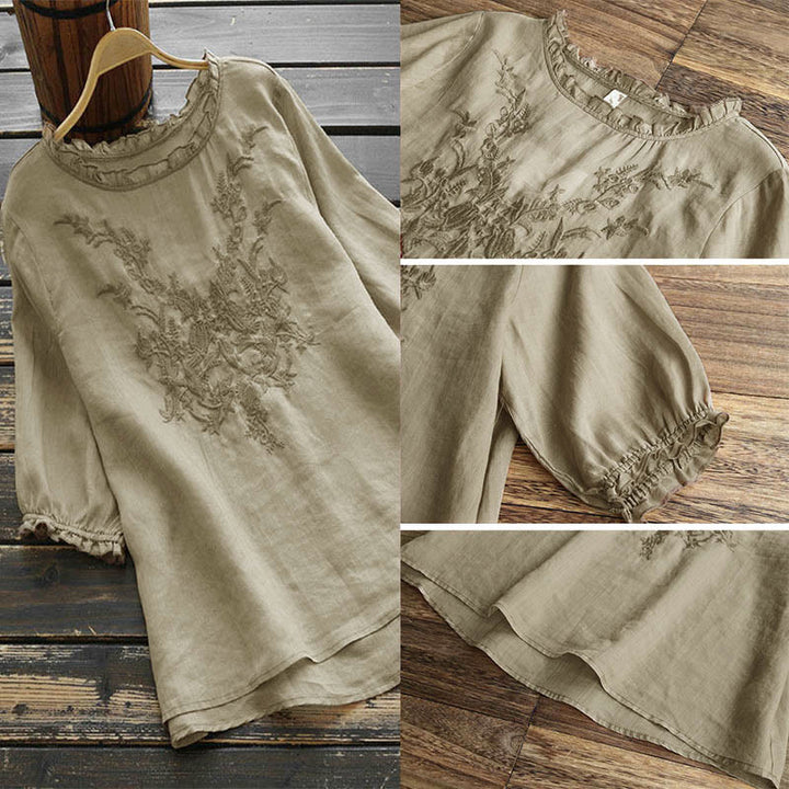 Camiseta de cuello redondo con diseño de flores bordadas para mujer con Buddha Stones - image 1