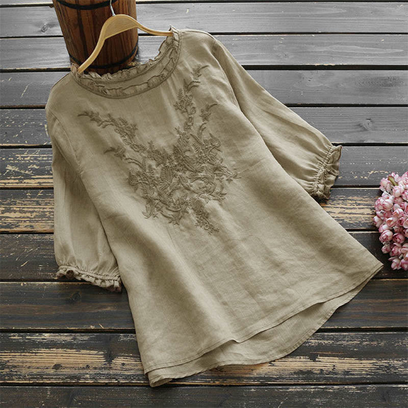Camiseta de cuello redondo con diseño de flores bordadas para mujer con Buddha Stones - BurlyWood - US14, UK/AU18, EU46 (4XL) - image 0