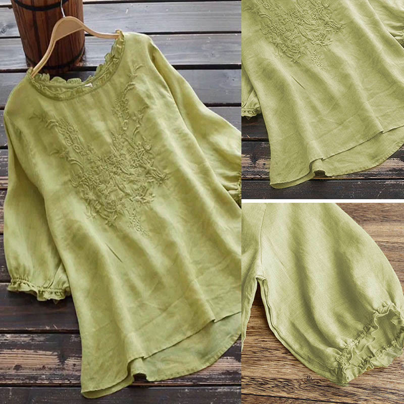 Camiseta de cuello redondo con diseño de flores bordadas para mujer con Buddha Stones - image 12