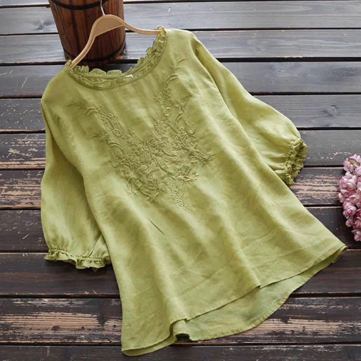 Camiseta de cuello redondo con diseño de flores bordadas para mujer con Buddha Stones - Verde amarillento - US14, UK/AU18, EU46 (4XL) - image 11