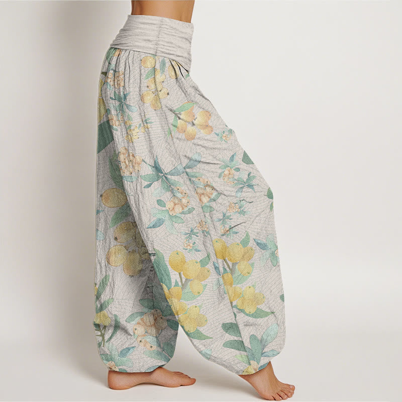 Pantalones Buddha Stones de algodón puro con estampado de níspero para mujer, cintura elástica
