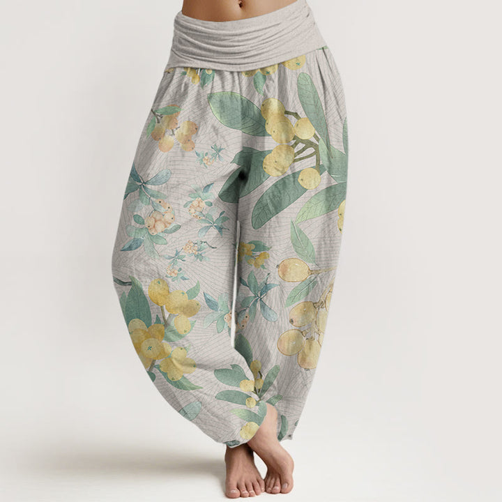 Pantalones Buddha Stones de algodón puro con estampado de níspero para mujer, cintura elástica