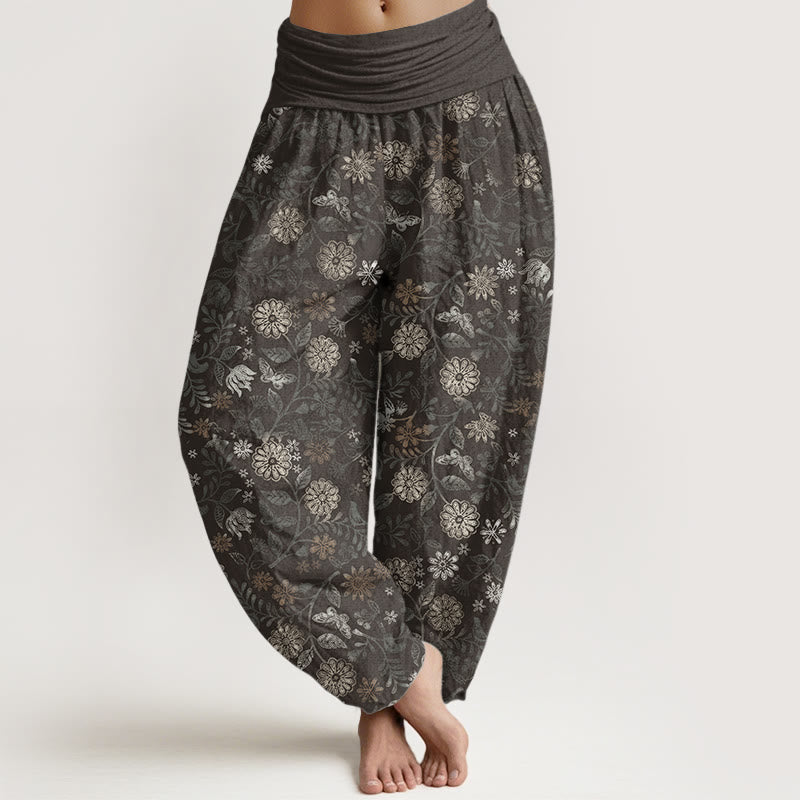 Pantalones Buddha Stones de algodón puro con diseño informal de Nueva York, con diseño de flores y hojas de aster, para mujer, con cintura elástica
