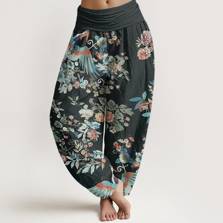 Pantalones Buddha Stones de algodón puro con estampado de flores coloridas, pájaros y hojas para mujer, con cintura elástica - Negro - US22，UK/AU26，EU54 (6XL) - image 0