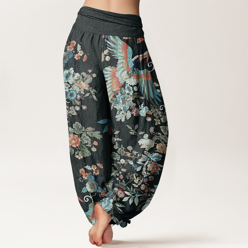 Pantalones Buddha Stones de algodón puro con estampado de flores coloridas, pájaros y hojas para mujer, con cintura elástica - image 1