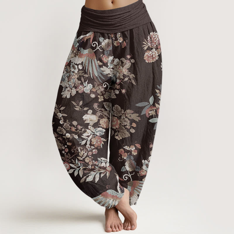 Pantalones Buddha Stones de algodón puro con estampado de flores coloridas, pájaros y hojas para mujer, con cintura elástica - Marrón silla de montar - US22，UK/AU26，EU54 (6XL) - image 8