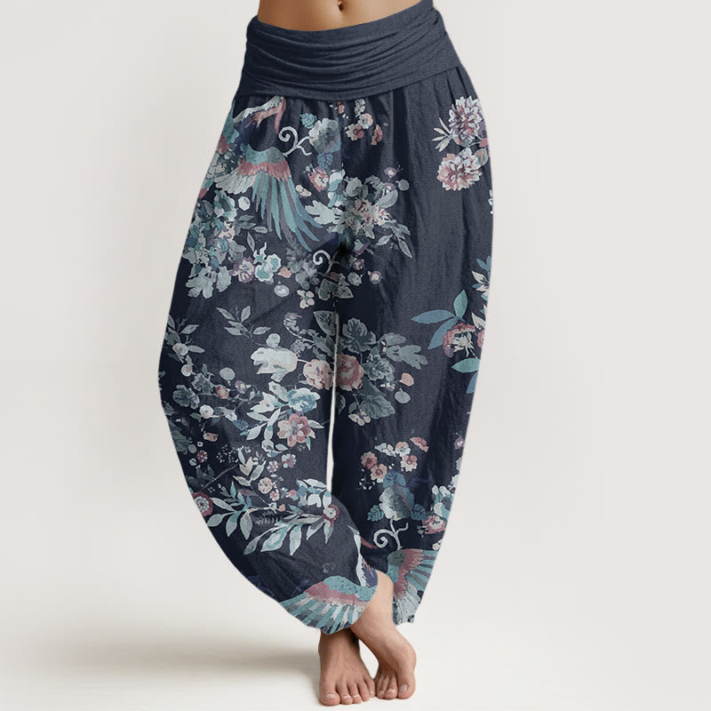 Pantalones Buddha Stones de algodón puro con estampado de flores coloridas, pájaros y hojas para mujer, con cintura elástica - Azul oscuro - US22，UK/AU26，EU54 (6XL) - image 5