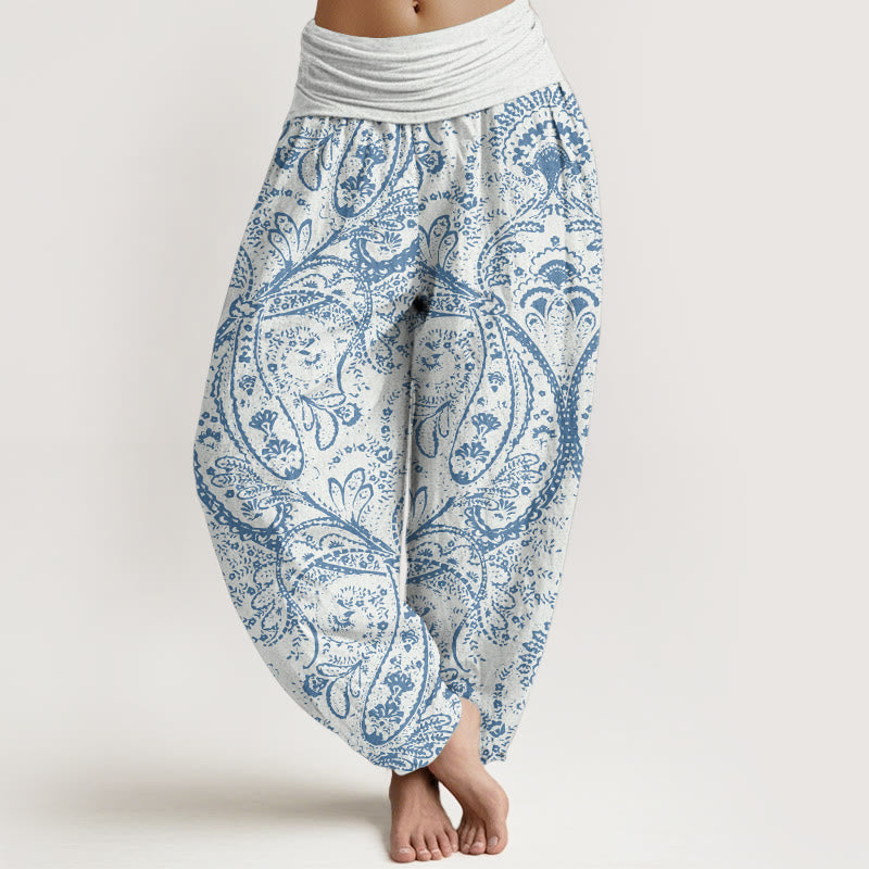 Pantalones harén de algodón puro con estampado de cachemira y flores de Buddha Stones para mujer, cintura elástica - Blanco - US22，UK/AU26，EU54 (6XL) - image 0