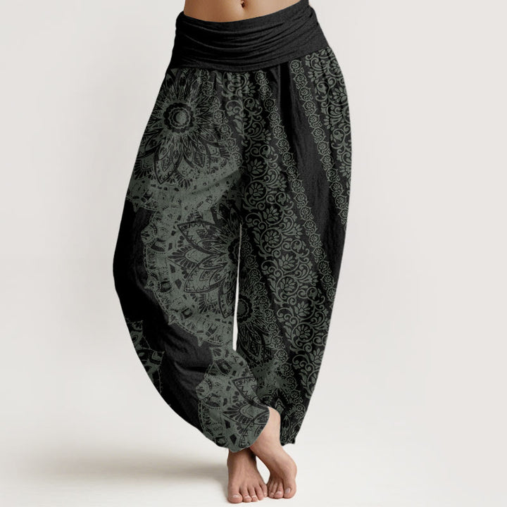 Pantalones Buddha Stones de algodón puro con estampado de mandalas y flores paralelas para mujer, cintura elástica - Negro - US22，UK/AU26，EU54 (6XL) - image 9