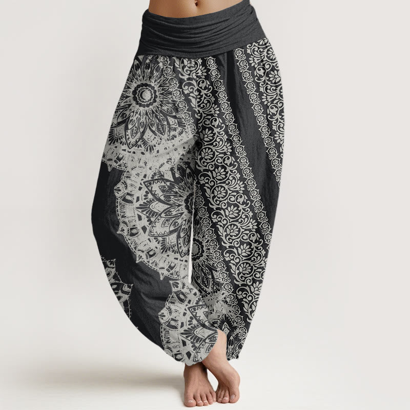 Pantalones Buddha Stones de algodón puro con estampado de mandalas y flores paralelas para mujer, cintura elástica - Gris tenue - US22，UK/AU26，EU54 (6XL) - image 0