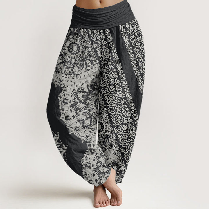 Pantalones Buddha Stones de algodón puro con estampado de mandalas y flores paralelas para mujer, cintura elástica - Gris tenue - US22，UK/AU26，EU54 (6XL) - image 0