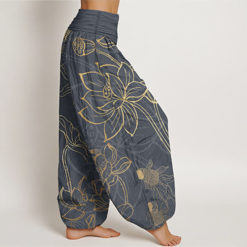 Pantalones Buddha Stones de algodón puro con diseño de hojas de loto y peces koi para mujer, con cintura elástica