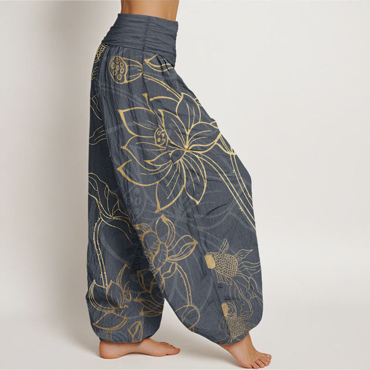 Pantalones Buddha Stones de algodón puro con diseño de hojas de loto y peces koi para mujer, con cintura elástica