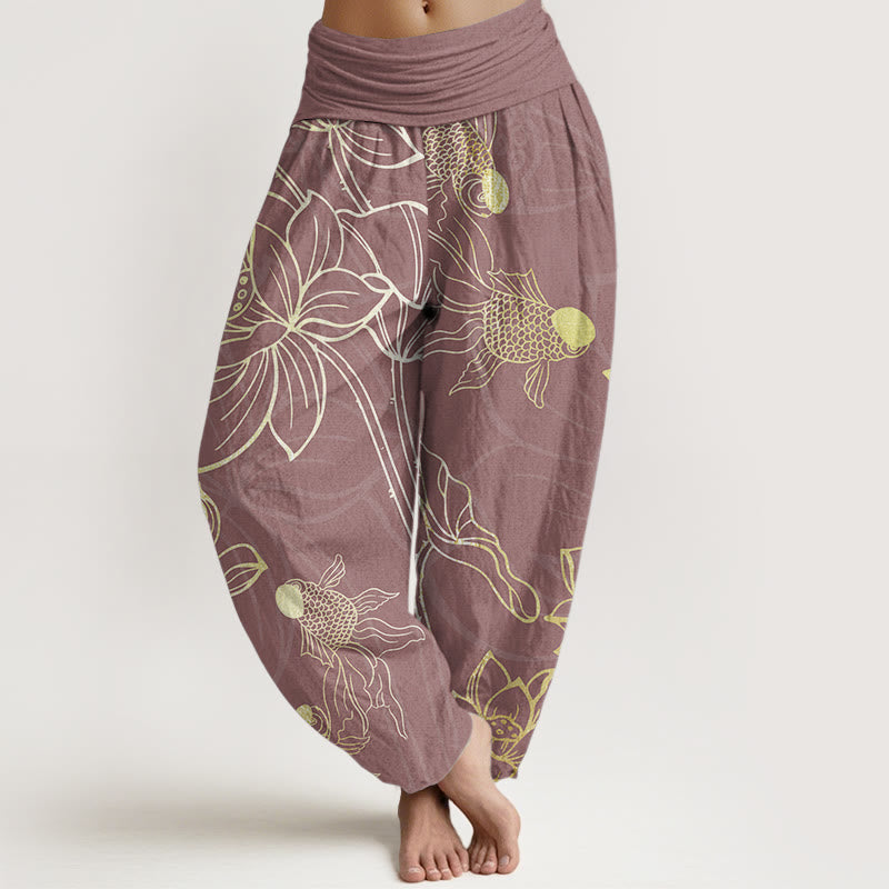 Pantalones Buddha Stones de algodón puro con diseño de hojas de loto y peces koi para mujer, con cintura elástica