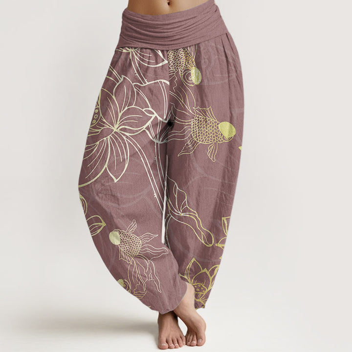 Pantalones Buddha Stones de algodón puro con diseño de hojas de loto y peces koi para mujer, con cintura elástica