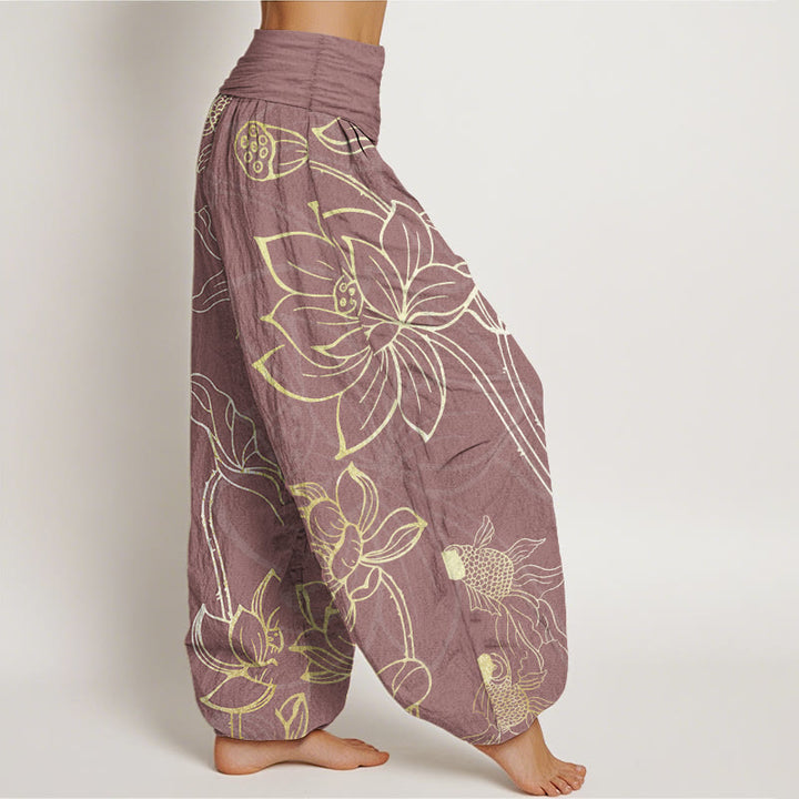 Pantalones Buddha Stones de algodón puro con diseño de hojas de loto y peces koi para mujer, con cintura elástica
