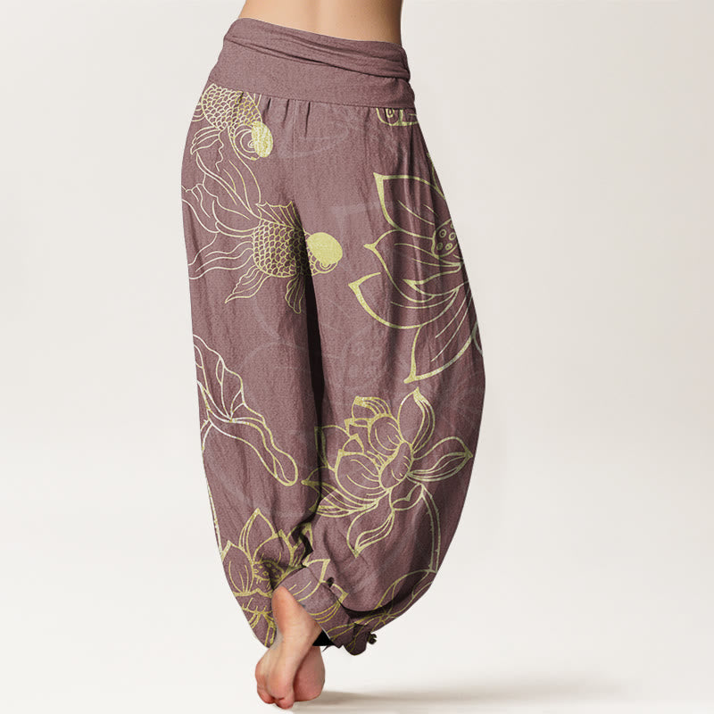 Pantalones Buddha Stones de algodón puro con diseño de hojas de loto y peces koi para mujer, con cintura elástica