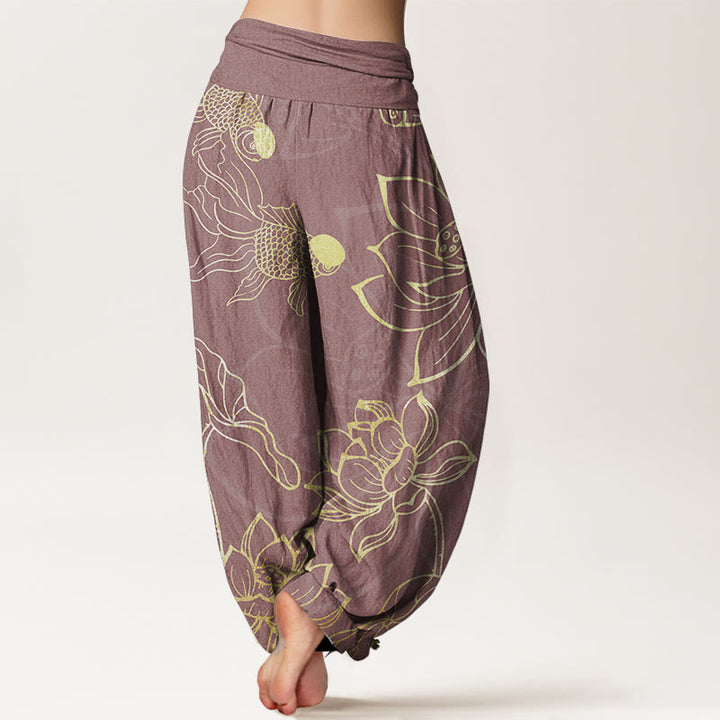 Pantalones Buddha Stones de algodón puro con diseño de hojas de loto y peces koi para mujer, con cintura elástica