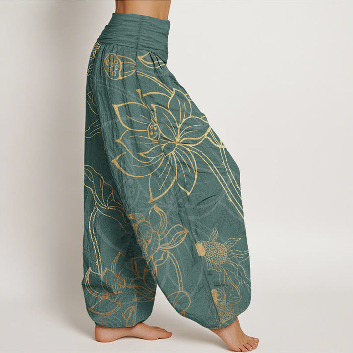 Pantalones Buddha Stones de algodón puro con diseño de hojas de loto y peces koi para mujer, con cintura elástica - image 2