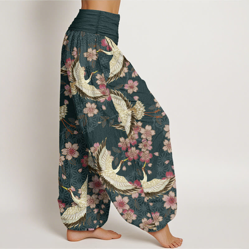Pantalones harén de algodón puro con estampado de flor de melocotón y grullas de Buddha Stones para mujer con cintura elástica - image 2