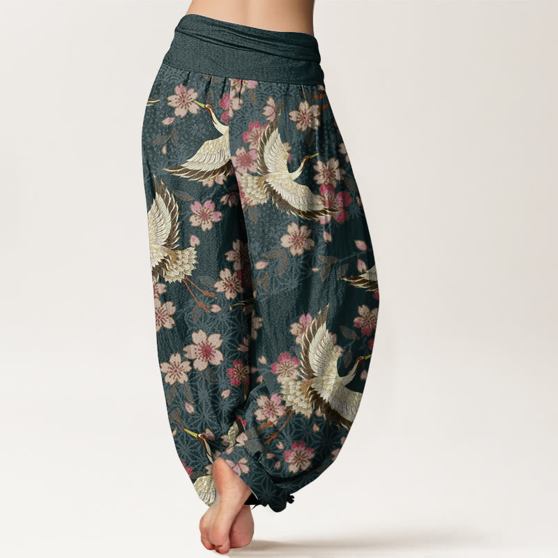 Pantalones harén de algodón puro con estampado de flor de melocotón y grullas de Buddha Stones para mujer con cintura elástica - image 1