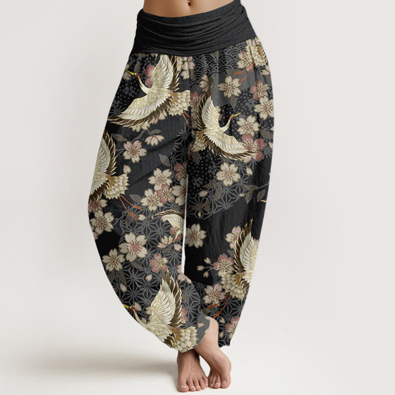 Pantalones harén de algodón puro con estampado de flor de melocotón y grullas de Buddha Stones para mujer con cintura elástica - Negro - US22，UK/AU26，EU54 (6XL) - image 8