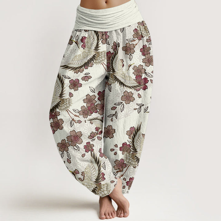 Pantalones harén de algodón puro con estampado de flor de melocotón y grullas de Buddha Stones para mujer con cintura elástica - seda de maíz - US22，UK/AU26，EU54 (6XL) - image 5
