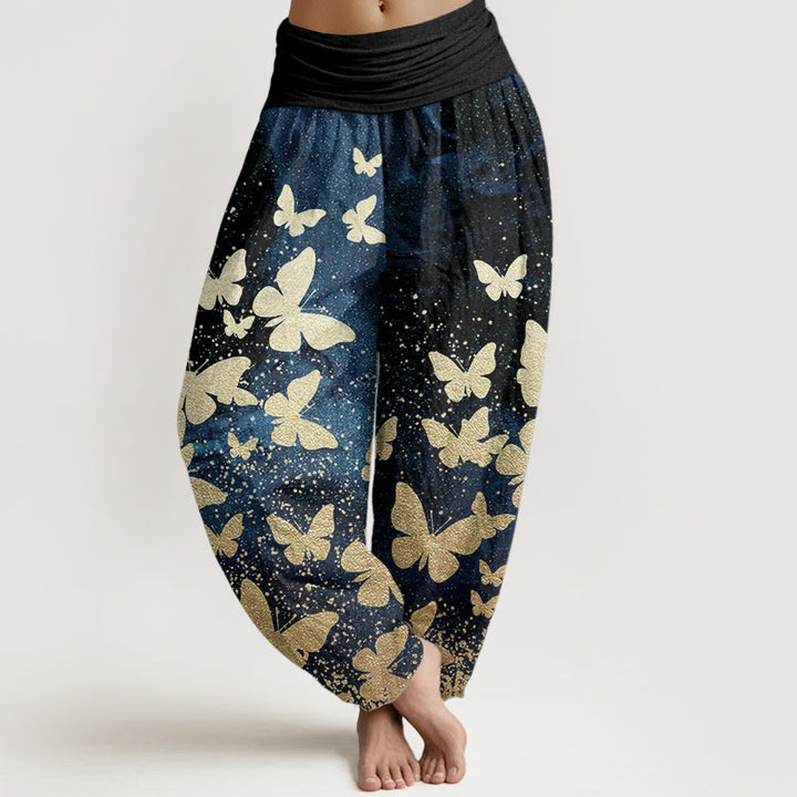 Pantalones Buddha Stones de algodón puro con estampado de mariposas doradas para mujer, informales, con cintura elástica - Azul Dodger - US22，UK/AU26，EU54 (6XL) - image 0