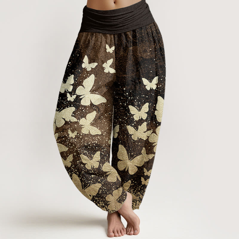 Pantalones Buddha Stones de algodón puro con estampado de mariposas doradas para mujer, informales, con cintura elástica - Marrón silla de montar - US22，UK/AU26，EU54 (6XL) - image 6