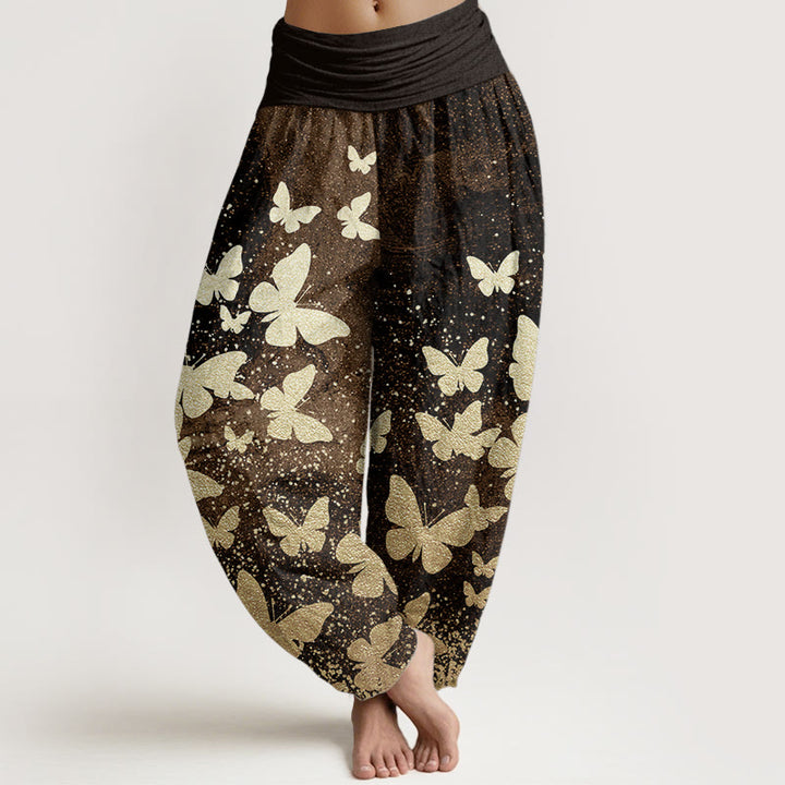 Pantalones Buddha Stones de algodón puro con estampado de mariposas doradas para mujer, informales, con cintura elástica - Marrón silla de montar - US22，UK/AU26，EU54 (6XL) - image 6