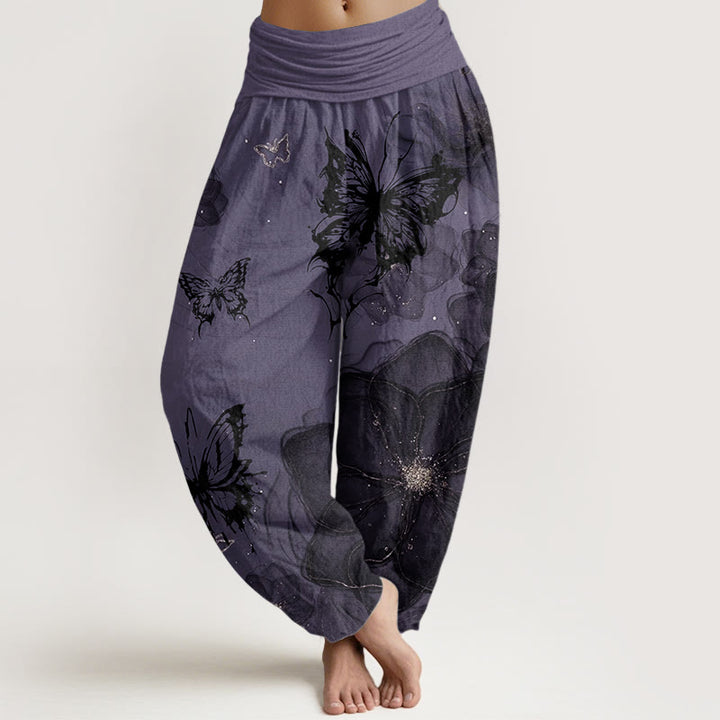 Pantalones Buddha Stones de algodón puro con estampado de flores y mariposas para mujer, con cintura elástica - Violeta oscuro - US22，UK/AU26，EU54 (6XL) - image 0