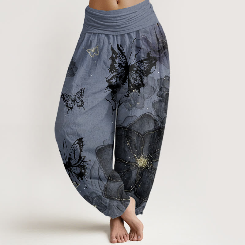 Pantalones Buddha Stones de algodón puro con estampado de flores y mariposas para mujer, con cintura elástica - Azul aciano - US22，UK/AU26，EU54 (6XL) - image 9