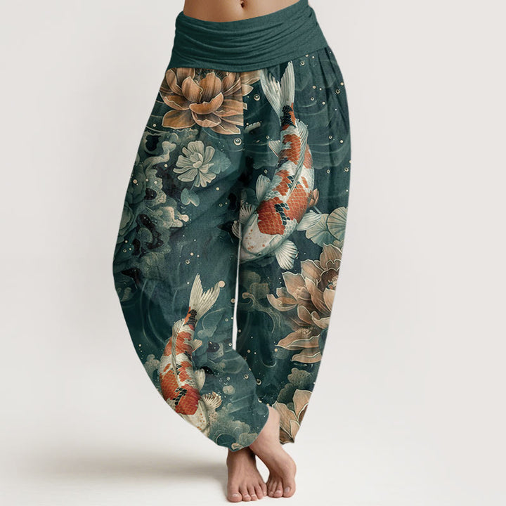 Pantalones harén de algodón puro con diseño de peces koi y flores de loto de Buddha Stones para mujer, cintura elástica