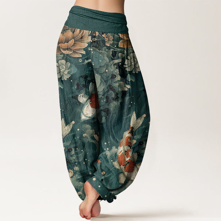 Pantalones harén de algodón puro con diseño de peces koi y flores de loto de Buddha Stones para mujer, cintura elástica