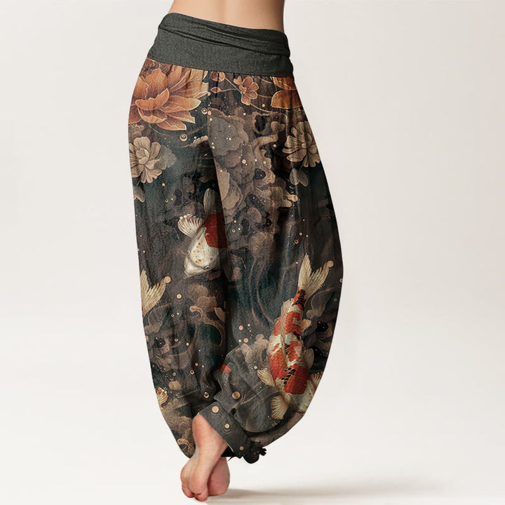 Pantalones harén de algodón puro con diseño de peces koi y flores de loto de Buddha Stones para mujer, cintura elástica