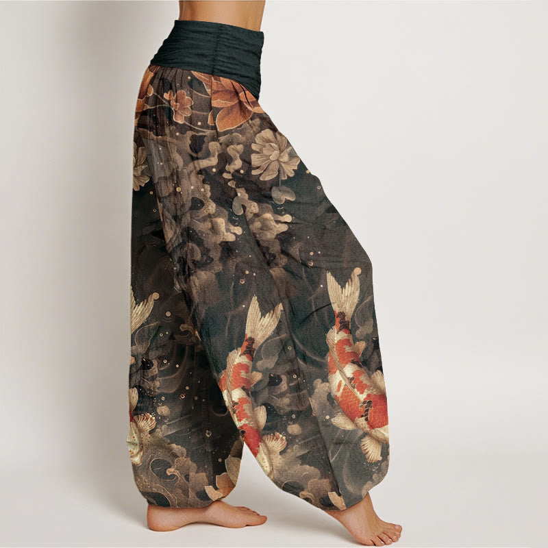 Pantalones harén de algodón puro con diseño de peces koi y flores de loto de Buddha Stones para mujer, cintura elástica