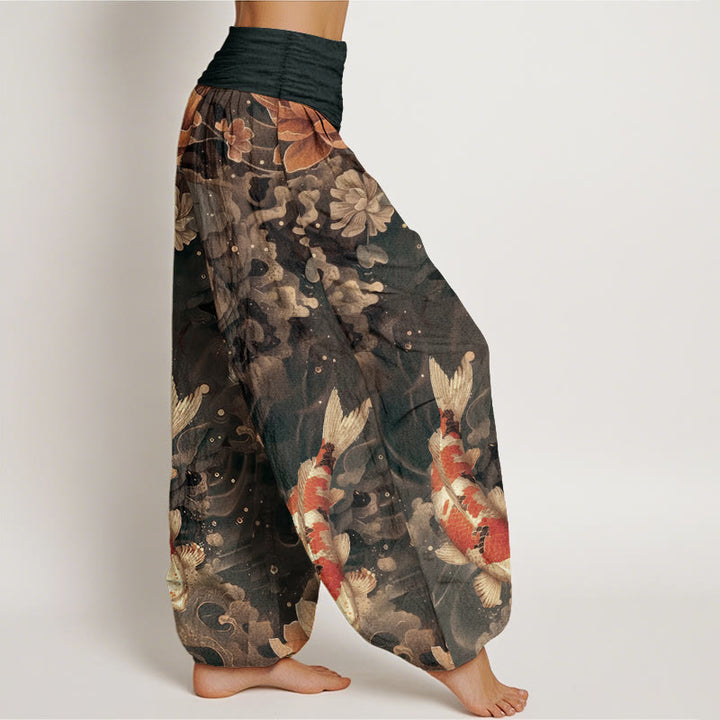 Pantalones harén de algodón puro con diseño de peces koi y flores de loto de Buddha Stones para mujer, cintura elástica