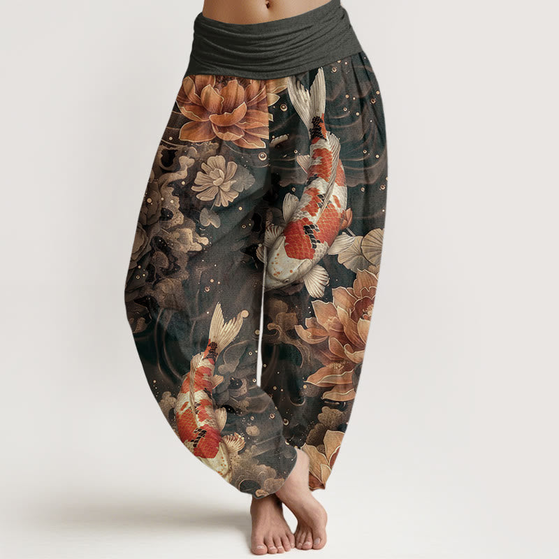 Pantalones harén de algodón puro con diseño de peces koi y flores de loto de Buddha Stones para mujer, cintura elástica