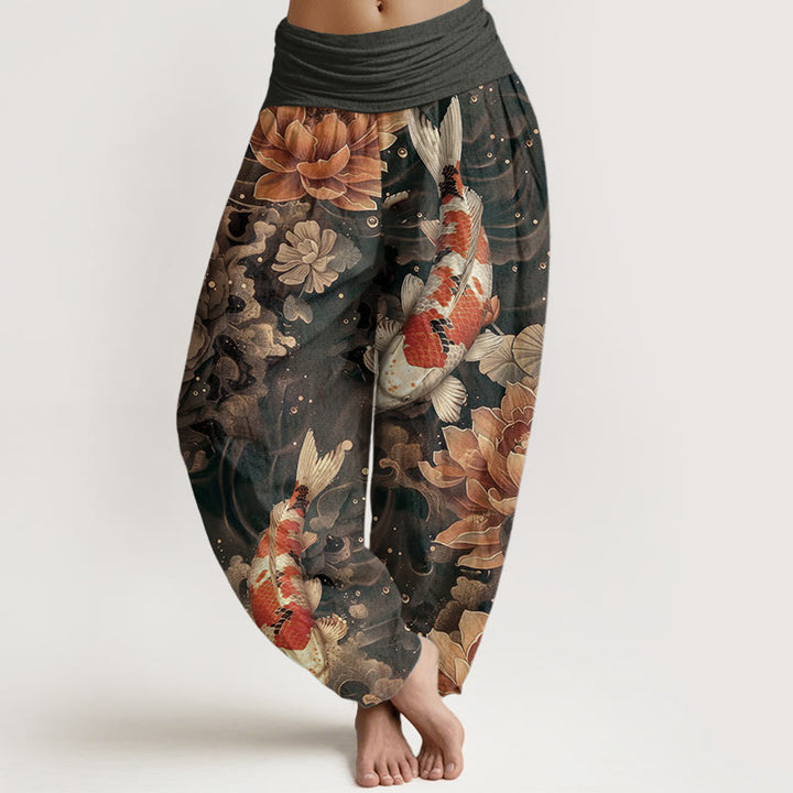 Pantalones harén de algodón puro con diseño de peces koi y flores de loto de Buddha Stones para mujer, cintura elástica