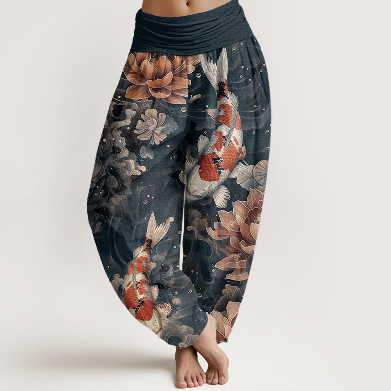 Pantalones harén de algodón puro con diseño de peces koi y flores de loto de Buddha Stones para mujer, cintura elástica