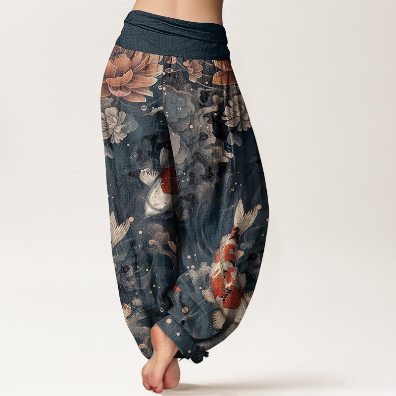 Pantalones harén de algodón puro con diseño de peces koi y flores de loto de Buddha Stones para mujer, cintura elástica